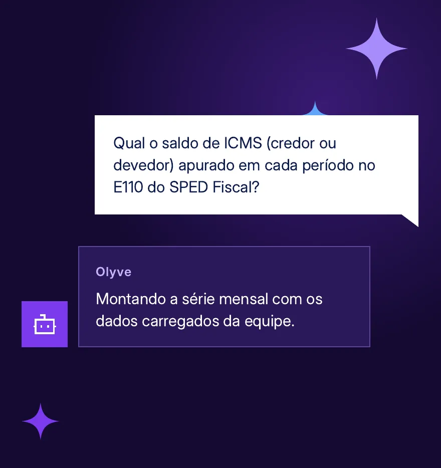 Conversa da apresentação: pergunta sobre o saldo de ICMS no SPED Fiscal e resposta da Olyve com os dados da equipe